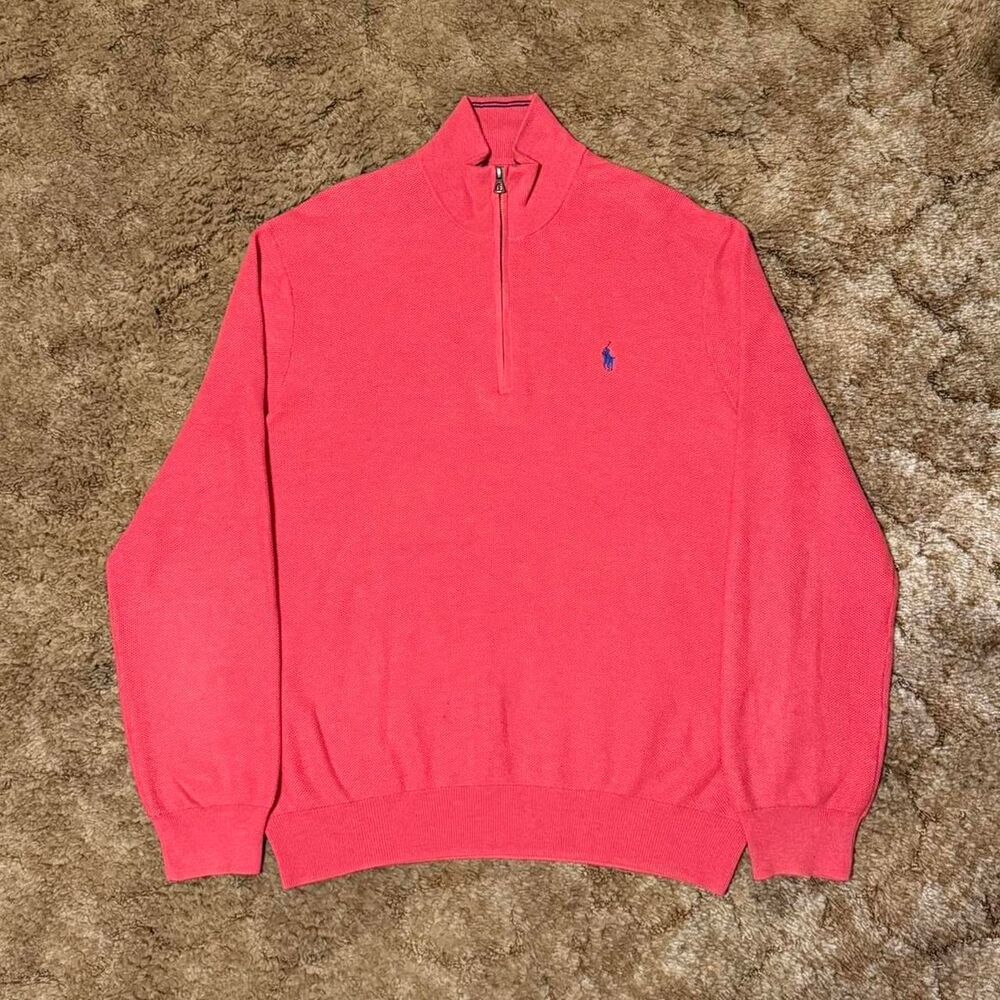 Polo Ralph Lauren Quarter Zip Pique Knit Pullover Sweater Coral Salmon XLarge